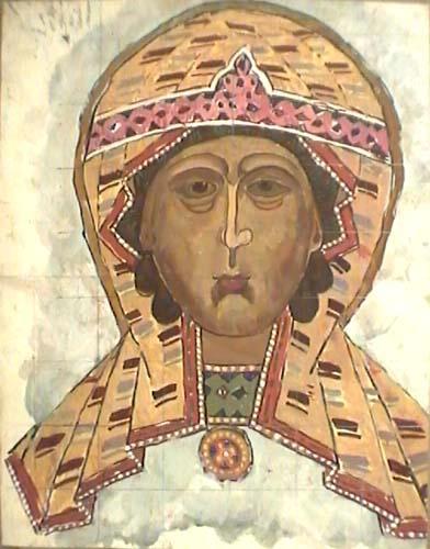 Лик Богородицы. Фрагмент росписи крепостной стены над воротами Новгорода