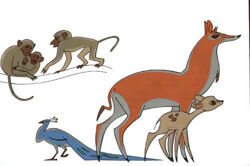 Лань с олененком, Обезьяны, Павлин