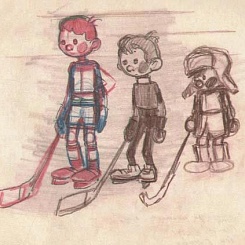 Три хоккеиста, хоккеисты в игре (3 л.), фигурист, два хоккеиста и тренер