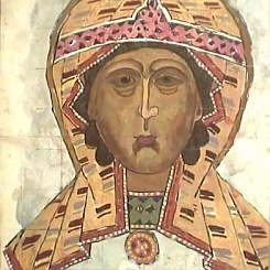 Лик Богородицы. Фрагмент росписи крепостной стены над воротами Новгорода